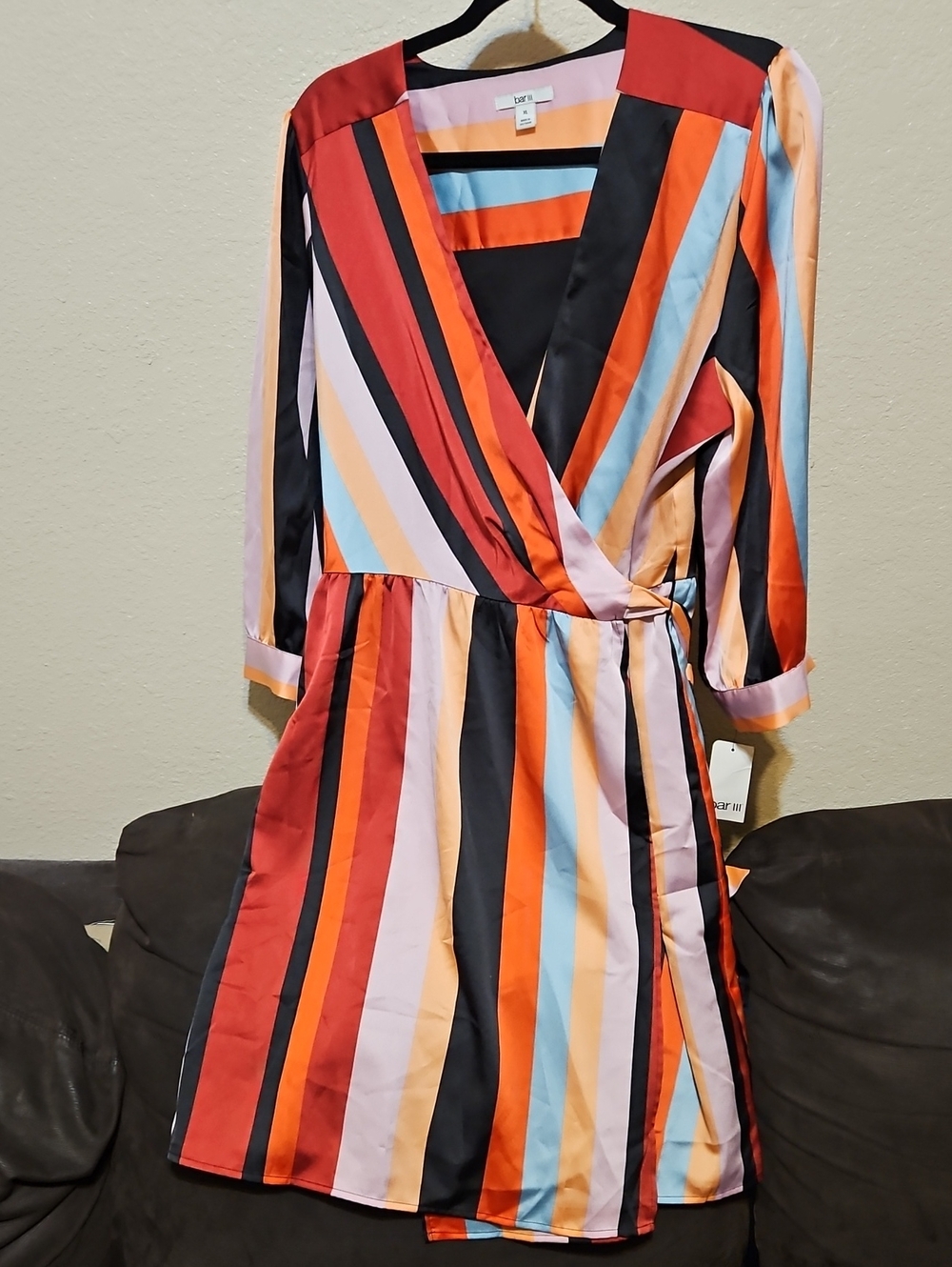 Bar III Multicolor Striped Wrap Midi Dress — Red, Orange, Black, Blue, Cream